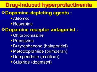 Dopamine-depleting agents  : Aldomet Reserpine Dopamine receptor antagonist : Chlorpromazine Promazine Butyrophenone (haloperidol) Metoclopramide (primperan) Domperidone (motilium) Sulpiride (dogmatyl) Drug-induced  hyperprolactinemia 