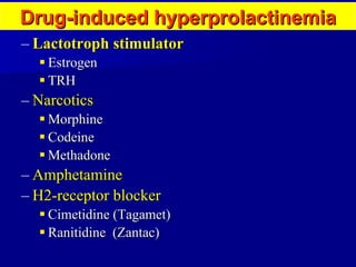 Lactotroph stimulator Estrogen TRH Narcotics Morphine Codeine  Methadone Amphetamine H2-receptor blocker Cimetidine (Tagamet) Ranitidine  (Zantac) Drug-induced  hyperprolactinemia 