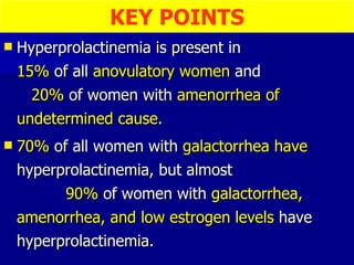Hyperprolactinemia is present in  15%  of all  anovulatory women  and  20%  of women with  amenorrhea of undetermined cause . 70%  of all women with  galactorrhea have  hyperprolactinemia, but almost  90%  of women with  galactorrhea, amenorrhea, and low estrogen levels  have hyperprolactinemia. KEY POINTS 