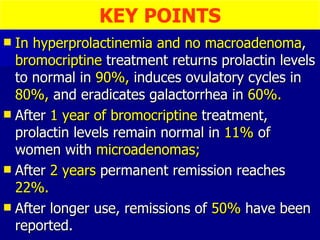 In hyperprolactinemia and no macroadenoma ,  bromocriptine  treatment returns prolactin levels to normal in  90%,  induces ovulatory cycles in  80%,  and eradicates galactorrhea in  60%. After  1 year of bromocriptine  treatment, prolactin levels remain normal in  11%  of women with  microadenomas;  After  2 years  permanent remission reaches  22%.   After longer use, remissions of  50%  have been reported. KEY POINTS 