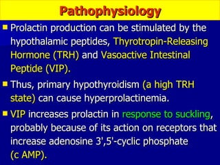 Prolactin production can be stimulated by the hypothalamic peptides,  Thyrotropin-Releasing Hormone (TRH)  and  Vasoactive Intestinal Peptide (VIP).   Thus, primary hypothyroidism  (a high TRH state)  can cause hyperprolactinemia.  VIP  increases prolactin in  response to suckling , probably because of its action on receptors that increase adenosine 3',5'-cyclic phosphate  (c AMP). Pathophysiology 
