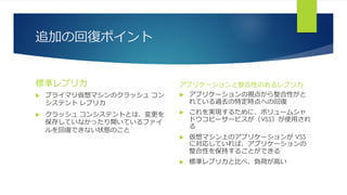 追加の回復ポイント
標準レプリカ
 プライマリ仮想マシンのクラッシュ コン
システント レプリカ
 クラッシュ コンシステントとは、変更を
保存していなかったり開いているファイ
ルを回復できない状態のこと
アプリケーションと整合性のあるレプリカ
 アプリケーションの視点から整合性がと
れている過去の特定時点への回復
 これを実現するために、ボリュームシャ
ドウコピーサービスが（VSS）が使用され
る
 仮想マシン上のアプリケーションが VSS
に対応していれば、アプリケーションの
整合性を保持することができる
 標準レプリカと比べ、負荷が高い
 