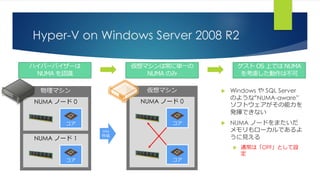物理マシン
NUMA ノード 0
Hyper-V on Windows Server 2008 R2
 Windows や SQL Server
のような“NUMA-aware”
ソフトウェアがその能力を
発揮できない
 NUMA ノードをまたいだ
メモリもローカルであるよ
うに見える
 通常は「OFF」として設
定
コア
NUMA ノード 1
コア
仮想マシン
NUMA ノード 0
コア
コア
VM
作成
 
