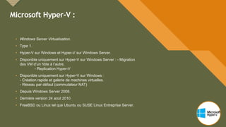 Modifiez le style du titre
7
Microsoft Hyper-V :
7
• Windows Server Virtualisation.
• Type 1.
• Hyper-V sur Windows et Hyper-V sur Windows Server.
• Disponible uniquement sur Hyper-V sur Windows Server : - Migration
des VM d’un hôte à l’autre.
- Replication Hyper-V
• Disponible uniquement sur Hyper-V sur Windows :
- Création rapide et galerie de machines virtuelles.
- Réseau par défaut (commutateur NAT)
• Depuis Windows Server 2008.
• Dernière version 24 aout 2010
• FreeBSD ou Linux tel que Ubuntu ou SUSE Linux Entreprise Server.
 