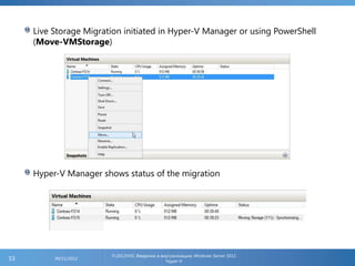 53
FL2012HVS: Введение в виртуализацию Windows Server 2012
Hyper-V
06/11/2012
Live Storage Migration initiated in Hyper-V Manager or using PowerShell
(Move-VMStorage)
Hyper-V Manager shows status of the migration
 