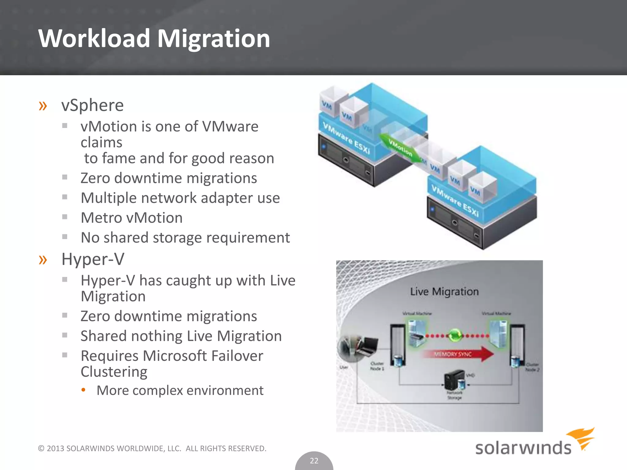 © 2013 SOLARWINDS WORLDWIDE, LLC. ALL RIGHTS RESERVED.
Workload Migration
» vSphere
 vMotion is one of VMware
claims
to fame and for good reason
 Zero downtime migrations
 Multiple network adapter use
 Metro vMotion
 No shared storage requirement
» Hyper-V
 Hyper-V has caught up with Live
Migration
 Zero downtime migrations
 Shared nothing Live Migration
 Requires Microsoft Failover
Clustering
• More complex environment
22
 