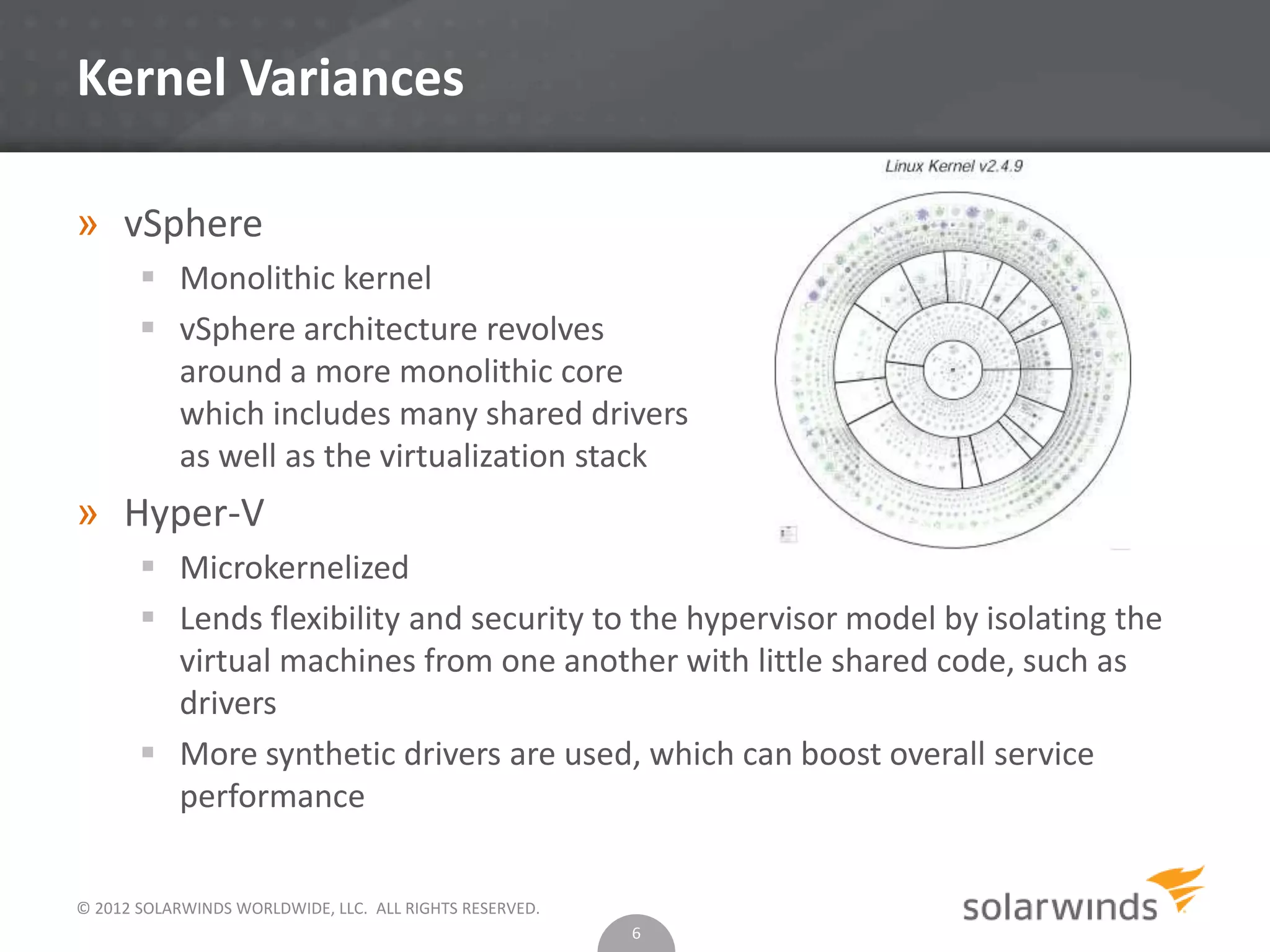 © 2012 SOLARWINDS WORLDWIDE, LLC. ALL RIGHTS RESERVED.
Kernel Variances
» vSphere
 Monolithic kernel
 vSphere architecture revolves
around a more monolithic core
which includes many shared drivers
as well as the virtualization stack
» Hyper-V
 Microkernelized
 Lends flexibility and security to the hypervisor model by isolating the
virtual machines from one another with little shared code, such as
drivers
 More synthetic drivers are used, which can boost overall service
performance
6
 