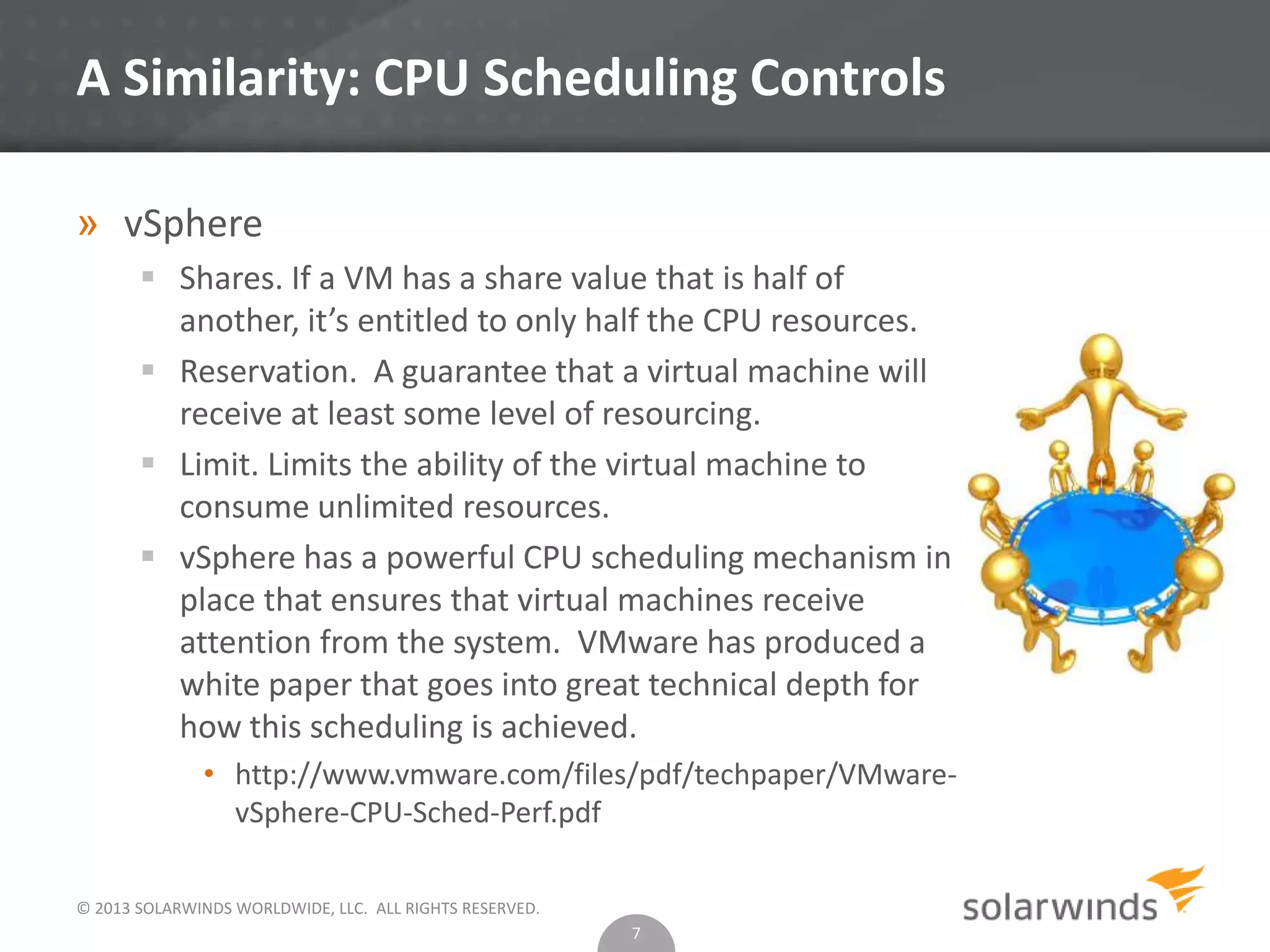 © 2013 SOLARWINDS WORLDWIDE, LLC. ALL RIGHTS RESERVED.
A Similarity: CPU Scheduling Controls
» vSphere
 Shares. If a VM has a share value that is half of
another, it’s entitled to only half the CPU resources.
 Reservation. A guarantee that a virtual machine will
receive at least some level of resourcing.
 Limit. Limits the ability of the virtual machine to
consume unlimited resources.
 vSphere has a powerful CPU scheduling mechanism in
place that ensures that virtual machines receive
attention from the system. VMware has produced a
white paper that goes into great technical depth for
how this scheduling is achieved.
• http://www.vmware.com/files/pdf/techpaper/VMware-
vSphere-CPU-Sched-Perf.pdf
7
 