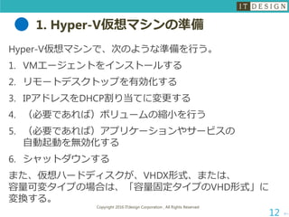 1. Hyper-V仮想マシンの準備
Hyper-V仮想マシンで、次のような準備を行う。
1. VMエージェントをインストールする
2. リモートデスクトップを有効化する
3. IPアドレスをDHCP割り当てに変更する
4. （必要であれば）ボリュームの縮小を行う
5. （必要であれば）アプリケーションやサービスの
自動起動を無効化する
6. シャットダウンする
また、仮想ハードディスクが、VHDX形式、または、
容量可変タイプの場合は、「容量固定タイプのVHD形式」に
変換する。
次へ
Copyright 2016 ITdesign Corporation , All Rights Reserved
12
 