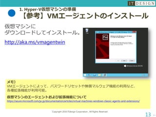 1. Hyper-V仮想マシンの準備
【参考】VMエージェントのインストール
仮想マシンに
ダウンロードしてインストール。
http://aka.ms/vmagentwin
次へ
Copyright 2016 ITdesign Corporation , All Rights Reserved
13
メモ）
VMエージェントによって、パスワードリセットや無償マルウェア機能の利用など、
各種拡張機能が利用可能。
仮想マシンのエージェントおよび拡張機能について
https://azure.microsoft.com/ja-jp/documentation/articles/virtual-machines-windows-classic-agents-and-extensions/
 