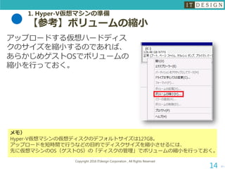 1. Hyper-V仮想マシンの準備
【参考】ボリュームの縮小
アップロードする仮想ハードディス
クのサイズを縮小するのであれば、
あらかじめゲストOSでボリュームの
縮小を行っておく。
次へ
Copyright 2016 ITdesign Corporation , All Rights Reserved
14
メモ）
Hyper-V仮想マシンの仮想ディスクのデフォルトサイズは127GB。
アップロードを短時間で行うなどの目的でディスクサイズを縮小させるには、
先に仮想マシンのOS（ゲストOS）の「ディスクの管理」でボリュームの縮小を行っておく。
 
