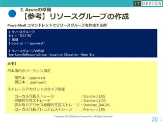 2. Azureの準備
【参考】リソースグループの作成
次へ
Copyright 2016 ITdesign Corporation , All Rights Reserved
20
PowerShell コマンドレットでリソースグループを作成する例
# リソースグループ
$rg = "TEST-RG"
# 地域
$location = "japanwest"
# リソースグループの作成
New-AzureRmResourceGroup -Location $location -Name $rg
メモ）
日本国内のリージョン指定
東日本 ：japaneast
西日本： japanwest
ストレージアカウントのタイプ指定
ローカル冗長ストレージ ：Standard_LRS
地理的冗長ストレージ ：Standard_GRS
読み取りアクセス地理的冗長ストレージ：Standard_RAGRS
ローカル冗長プレミアムストレージ ：Premium_LRS
 