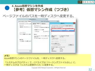 4. Azure仮想マシンを作成
【参考】仮想マシン作成（つづき）
次へ
Copyright 2016 ITdesign Corporation , All Rights Reserved
32
ページファイルのパスを一時ディスクへ変更する。
メモ）
Azure仮想マシンのページファイルを、一時ディスクへ変更する。
「システムのプロパティ」で、Cドライブは「ページングファイルなし」に、
一時ディスクは「システム管理サイズ」に変更する。
 