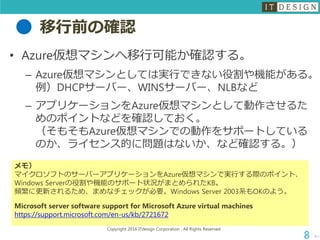 移行前の確認
• Azure仮想マシンへ移行可能か確認する。
– Azure仮想マシンとしては実行できない役割や機能がある。
例）DHCPサーバー、WINSサーバー、NLBなど
– アプリケーションをAzure仮想マシンとして動作させるた
めのポイントなどを確認しておく。
（そもそもAzure仮想マシンでの動作をサポートしている
のか、ライセンス的に問題はないか、など確認する。）
次へ
Copyright 2016 ITdesign Corporation , All Rights Reserved
8
メモ）
マイクロソフトのサーバーアプリケーションをAzure仮想マシンで実行する際のポイント、
Windows Serverの役割や機能のサポート状況がまとめられたKB。
頻繁に更新されるため、まめなチェックが必要。Windows Server 2003系もOKのよう。
Microsoft server software support for Microsoft Azure virtual machines
https://support.microsoft.com/en-us/kb/2721672
 