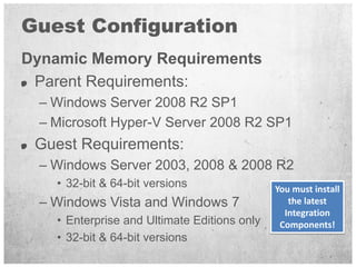 Guest Configuration
Dynamic Memory Requirements
 Parent Requirements:
 – Windows Server 2008 R2 SP1
 – Microsoft Hyper-V S...