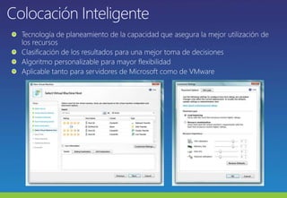 Colocación InteligenteTecnología de planeamiento de la capacidad que asegura la mejor utilización de los recursosClasificación de los resultados para una mejor toma de decisionesAlgoritmo personalizable para mayor flexibilidadAplicable tanto para servidores de Microsoft como de VMware