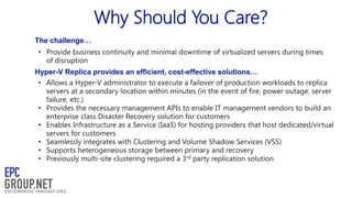 Why Should You Care?
The challenge…

• Provide business continuity and minimal downtime of virtualized servers during times
of disruption
Hyper-V Replica provides an efficient, cost-effective solutions…
• Allows a Hyper-V administrator to execute a failover of production workloads to replica
servers at a secondary location within minutes (in the event of fire, power outage, server
failure, etc.)
• Provides the necessary management APIs to enable IT management vendors to build an
enterprise class Disaster Recovery solution for customers
• Enables Infrastructure as a Service (IaaS) for hosting providers that host dedicated/virtual
servers for customers
• Seamlessly integrates with Clustering and Volume Shadow Services (VSS)
• Supports heterogeneous storage between primary and recovery
• Previously multi-site clustering required a 3rd party replication solution

 