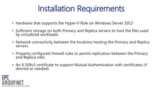 Installation Requirements
• Hardware that supports the Hyper-V Role on Windows Server 2012
• Sufficient storage on both Primary and Replica servers to host the files used
by virtualized workloads
• Network connectivity between the locations hosting the Primary and Replica
servers
• Properly configured firewall rules to permit replication between the Primary
and Replica sites
• An X.509v3 certificate to support Mutual Authentication with certificates (if
desired or needed)

 