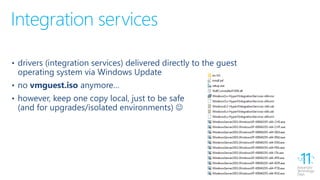 Integration services
• drivers (integration services) delivered directly to the guest
operating system via Windows Update
• no vmguest.iso anymore…
• however, keep one copy local, just to be safe
(and for upgrades/isolated environments) 
 