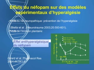 Effets du néfopam sur des modèles
expérimentaux d’hyperalgésie
!Modèledu rat neuropathique: prévention de l’hyperalgésie
(Biella et al. J Neurotrauma 2003;20:593-601).
!Modèlede l’incision plantaire:
20
16
12
8
4
0
Patte non incisée
Patte incisée + NaCl
Patte incisée + néfopam
J0 0 30 60 90 120
Temps à J 1 (min)
Girard et al. Pharmacol Res
2001;44:541-5
Inc. Néf
DélaideRetrait(s)
Effet antihyperalgésique
du néfopam
 