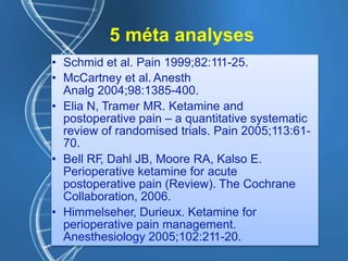 5 méta analyses
• Schmid et al. Pain 1999;82:111-25.
• McCartney et al. Anesth
Analg 2004;98:1385-400.
• Elia N, Tramer MR. Ketamine and
postoperative pain – a quantitative systematic
review of randomised trials. Pain 2005;113:61-
70.
• Bell RF, Dahl JB, Moore RA, Kalso E.
Perioperative ketamine for acute
postoperative pain (Review). The Cochrane
Collaboration, 2006.
• Himmelseher, Durieux. Ketamine for
perioperative pain management.
Anesthesiology 2005;102:211-20.
 