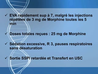  EVA rapidement sup à 7, malgré les injections
répétées de 3 mg de Morphine toutes les 5
min
 Doses totales reçues : 25 mg de Morphine
 Sédation excessive, R 3, pauses respiratoires
sans désaturation
 Sortie SSPI retardée et Transfert en USC
 