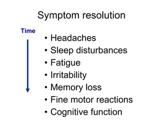 Symptom resolution Headaches Sleep disturbances Fatigue Irritability Memory loss Fine motor reactions Cognitive function Time 