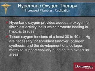 Hyperbaric Oxygen Therapy
Therapeutic Effects
Mechanisms of Action
 Increased Oxygen Tension
 Vasoconstriction
 Increased Fibroblast Replication
 Increased Collagen Response
 Angiogenesis
 Enhanced Leukocyte Function
 Attenuation of Reperfusion Injury
 