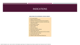 INDICATIONS
Dauwe PB, Pulikkottil BJ, Lavery L, Stuzin JM, Rohrich RJ. Does hyperbaric oxygen therapy work in facilitating acute wound healing: a systematic review. Plast Reconstr Surg 2014;133:208e-15e.
 