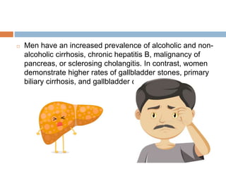 ◻ Men have an increased prevalence of alcoholic and non-
alcoholic cirrhosis, chronic hepatitis B, malignancy of
pancreas, or sclerosing cholangitis. In contrast, women
demonstrate higher rates of gallbladder stones, primary
biliary cirrhosis, and gallbladder cancer.
 
