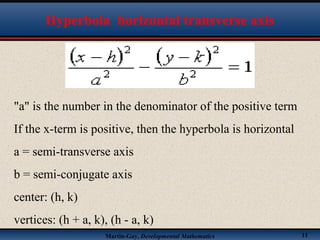 Martin-Gay, Developmental Mathematics 11
Hyperbola horizontal transverse axis
"a" is the number in the denominator of the positive term
If the x-term is positive, then the hyperbola is horizontal
a = semi-transverse axis
b = semi-conjugate axis
center: (h, k)
vertices: (h + a, k), (h - a, k)
 