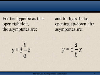 Martin-Gay, Developmental Mathematics 4
For the hyperbolas that
open right/left,
the asymptotes are:
and for hyperbolas
opening up/down, the
asymptotes are:
 