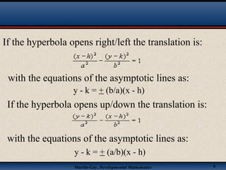 Martin-Gay, Developmental Mathematics 9
If the hyperbola opens right/left the translation is:
with the equations of the asymptotic lines as:
y - k = + (b/a)(x - h)
If the hyperbola opens up/down the translation is:
with the equations of the asymptotic lines as:
y - k = + (a/b)(x - h)
 