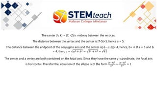 The center (h, k) = (7, -2) is midway between the vertices.
The distance between the vertex and the center is |7-5|=5, hence a = 5.
The distance between the endpoint of the conjugate axis and the center is|-6 – (-2)|= 4, hence, b= 4. If a = 5 and b
= 4, then, 𝑐 = 𝑎2 + 𝑏2 = 52 + 42 = 41
The center and a vertex are both contained on the focal axis. Since they have the same y -coordinate, the focal axis
is horizontal. Therefor the, equation of the ellipse is of the form
(𝑥−ℎ)2
𝑎2 −
𝑦−𝑘 2
𝑏2 = 1
 