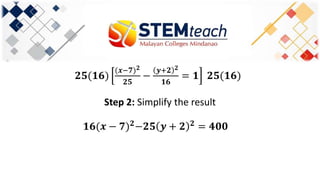 𝟐𝟓(𝟏𝟔)
(𝒙−𝟕) 𝟐
𝟐𝟓
−
𝒚+𝟐 𝟐
𝟏𝟔
= 𝟏 𝟐𝟓(𝟏𝟔)
Step 2: Simplify the result
𝟏𝟔(𝒙 − 𝟕) 𝟐
−𝟐𝟓 𝒚 + 𝟐 𝟐
= 𝟒𝟎𝟎
 
