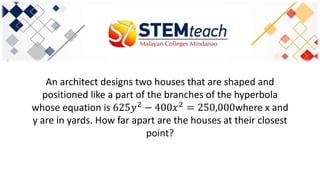 An architect designs two houses that are shaped and
positioned like a part of the branches of the hyperbola
whose equation is 625𝑦2
− 400𝑥2
= 250,000where x and
y are in yards. How far apart are the houses at their closest
point?
 