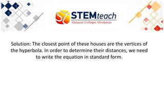 Solution: The closest point of these houses are the vertices of
the hyperbola. In order to determine their distances, we need
to write the equation in standard form.
 