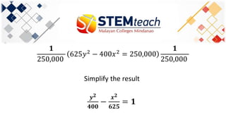 𝟏
250,000
625𝑦2
− 400𝑥2
= 250,000
𝟏
250,000
Simplify the result
𝒚 𝟐
𝟒𝟎𝟎
−
𝒙 𝟐
𝟔𝟐𝟓
= 𝟏
 