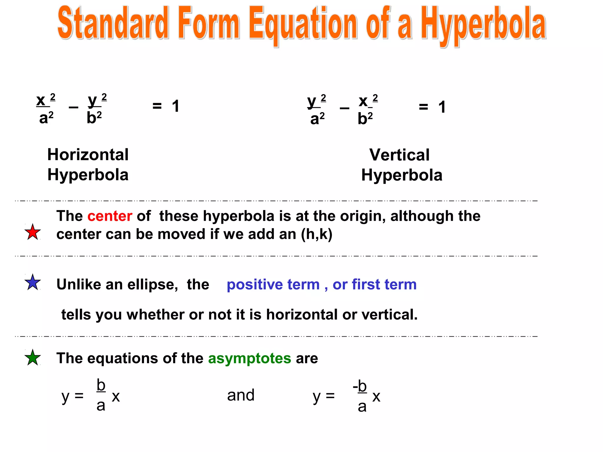 x2 – y2
a2
b2

y2 – x2
a2
b2

= 1

Horizontal
Hyperbola

= 1

Vertical
Hyperbola

The center of these hyperbola is at the origin, although the
center can be moved if we add an (h,k)
Unlike an ellipse, the

positive term , or first term

tells you whether or not it is horizontal or vertical.
The equations of the asymptotes are

y=

b
x
a

and

y=

-b
x
a

 