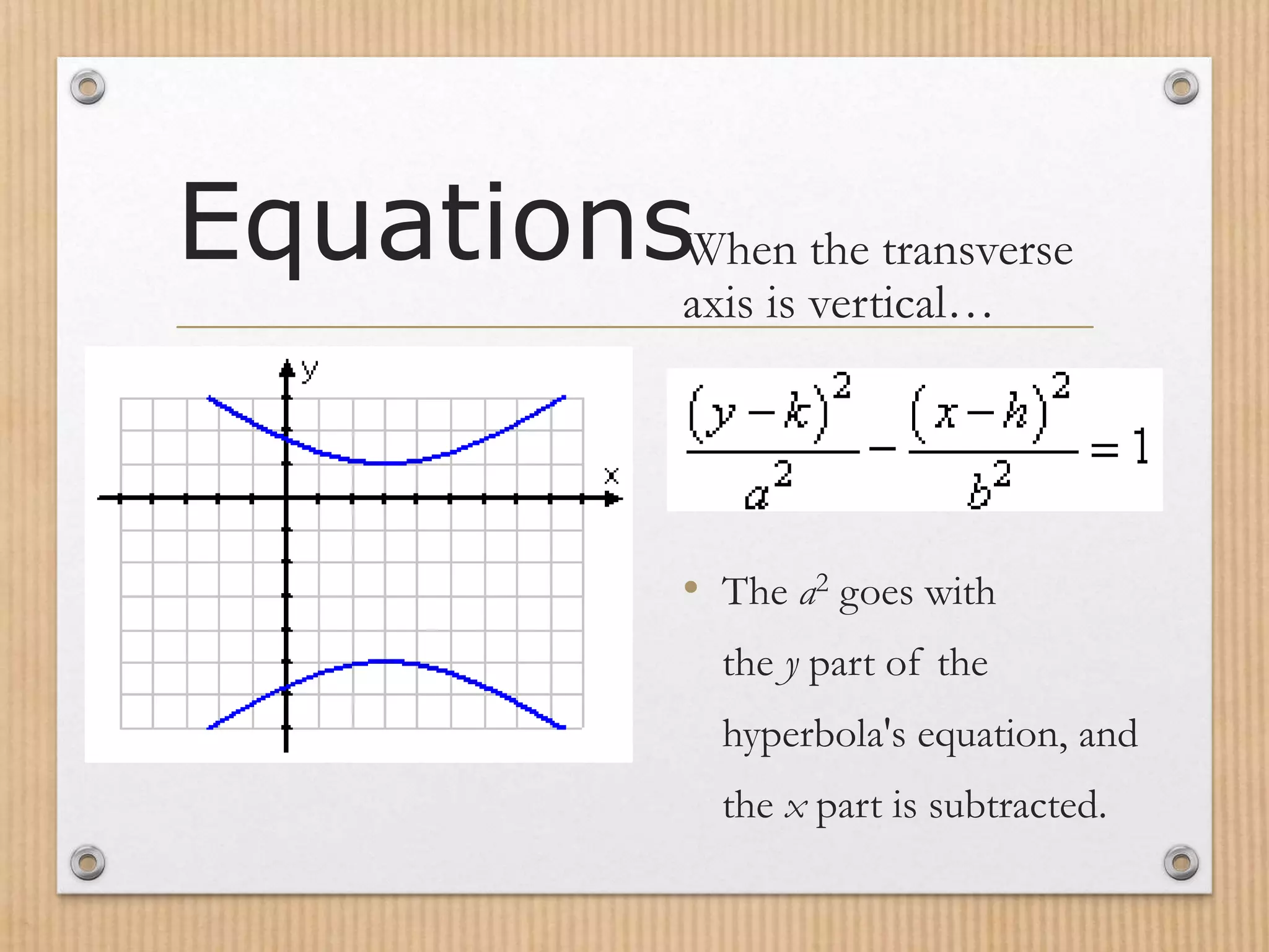 EquationsWhen the transverse
axis is vertical…
• The a2 goes with
the y part of the
hyperbola's equation, and
the x part is subtracted.
 