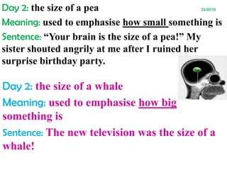 Day 2: the size of a pea 25/07/13
Meaning: used to emphasise how small something is
Sentence: “Your brain is the size of a pea!” My
sister shouted angrily at me after I ruined her
surprise birthday party.
Day 2: the size of a whale
Meaning: used to emphasise how big
something is
Sentence: The new television was the size of a
whale!
 
