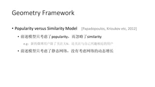 Geometry Framework
? Popularity versus Similarity Model [Papadopoulos, Krioukov etc, 2012]
? ǰģֻpopularitysimilarity
e.gµ΢û˹עVעԼȤû
? ǰģֻ˾̬磬ûпĶ̬
 