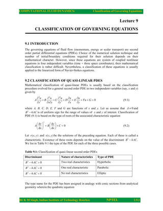 COMPUTATIONAL FLUID DYNAMICS: Classification of Governing Equations
Dr K M Singh, Indian Institute of Technology Roorkee NPTEL L9.1
Lecture 9
CLASSIFICATION OF GOVERNING EQUATIONS
9.1 INTRODUCTION
The governing equations of fluid flow (momentum, energy or scalar transport) are second
order partial differential equations (PDEs). Choice of the numerical solution technique and
number of initial/boundary conditions required for their solution depends on their
mathematical character. However, since these equations are system of coupled nonlinear
equations in four independent variables (time + three space coordinates), their mathematical
classification is rather difficult. Nevertheless, a classification of these equations is usually
applied to the linearized form of Navier-Stokes equations.
9.2 CLASSIFICATION OF QUASI-LINEAR PDES
Mathematical classification of quasi-linear PDEs is usually based on the classification
procedure evolved for a general second order PDE in two independent variables (say, x and y)
given by
2 2 2
2 2
0
u u u u u
A B C D E Fu G
x x y y x y
    
      
     
(9.1)
where A, B, C, D, E, F and G are functions of x and y. Let us assume that 0
A  and
2
4
B AC
 is of uniform sign for the range of values of x and y of interest. Classification of
PDE (9.1) is based on the type of roots of the associated characteristic equation
2
d d
0
d d
y y
A B C
x x
   
  
   
   
(9.2)
Let ( , )
r x y and ( , )
s x y be the solutions of the preceding equation. Each of these is called a
characteristic. Existence of these roots depends on the value of the discriminant 2
4 .
B AC

We list in Table 9.1 the type of the PDE for each of the three possible cases.
Table 9.1: Classification of quasi-linear second order PDEs
Discriminant Nature of characteristics Type of PDE
2
4 0
B AC
  Two real characteristics Hyperbolic
2
4 0
B AC
  One real characteristic Parabolic
2
4 0
B AC
  No real characteristics Elliptic
The type name for the PDE has been assigned in analogy with conic sections from analytical
geometry wherein the quadratic equation
 