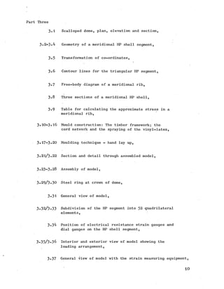 Part Three
3*1 Scalloped dome, plan, elevation and section,
3.2-3-4 Geometry of a meridional HP shell segment,
3-5 Transformation of co-ordinates,
3-6 Contour lines for the triangular HP segment,
3»7 Free-body diagram of a meridional rib,
3*8 Three sections of a meridional HP shell,
3-9 Table for calculating the approximate stress in a
meridional rib,
3.10-3.16 Mould construction: The timber framework; the
cord network and the spraying of the vinyl-latex,
3.17-3*20 Moulding technique - hand lay up,
3.21/3.22 Section and detail through assembled model,
3.23-3.28 Assembly of model,
3.29/3.30 Steel ring at crown of dome,
3.31 General view of model,
3.32/3.33 Subdivision of the HP segment into 52 quadrilateral
elements,
3.34 Position of electrical resistance strain gauges and
dial gauges on the HP shell segment,
3.33/3.36 Interior and exterior view of model showing the
loading arrangement,
3.37 General view of model with the strain measuring equipment,
10
 