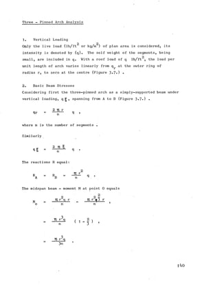 Three - Pinned Arch Analysis
1. Vertical Loading
2 2
Only the live load (lb/ft or kg/m ) of plan area is considered, its
intensity is denoted by (q). The self weight of the segments, being
small, are included in q. With a roof load of q lb/ft , the load per
unit length of arch varies linearly from q^ at the outer ring of
radius r, to zero at the centre (Figure 3-7») •
2. Basic Beam Stresses
Considering first the three-pinned arch as a simply-supported beam under
vertical loading, q Jjj* spanning from A to B (Figure 3»7») •
2 TX r
qr = q ,
where n is the number of segments .
Similarly
_ 2 Tl g
9 6 = — 9
The reactions R equal:
2
RA - RB = - ^ r 9
The midspan beam - moment M at point 0 equals
M
o n nn
3
11 r q
n
3
II r q
2 2 |Tl r q3 r
3n
140
 