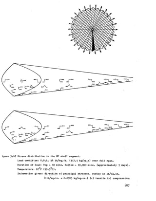 .A
C l
igure 3*47 Stress distribution in the HP shell segment.
Load condition: U.D.L. 24 lb/sq.ft. (117-1 kg/sq.m) over full span.
Duration of load: Top - 10 mins. Bottom - 10,000 mins. (approximately 7 days).
Temperature: 67°F (l9.5°C).
Information given: direction of principal stresses, stress in lb/sq.in.
(llb/sq.in. = 0.0703 kg/sq.cm.) (+) tensile (-) compressive.
1 8 7
 
