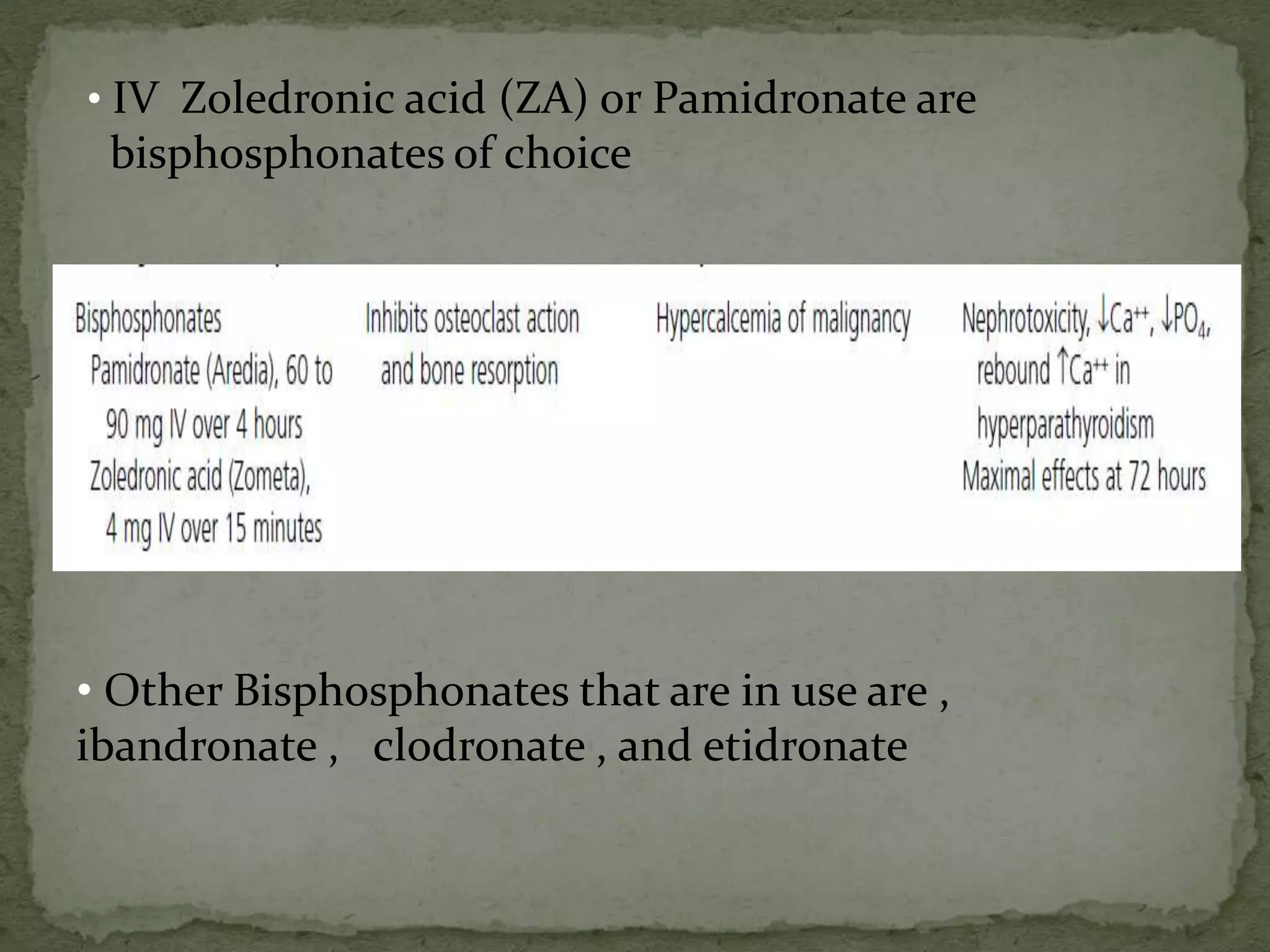 • IV Zoledronic acid (ZA) or Pamidronate are 
bisphosphonates of choice 
• Other Bisphosphonates that are in use are , 
ibandronate , clodronate , and etidronate 
 