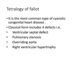 Tetralogy of fallot
• It is the most common type of cyanotic
congenital heart disease .
• Classical form includes 4 defects i.e.
• Ventricular septal defect
• Pulmonary stenosis
• Overriding aorta
• Right ventricular hypertrophy
 