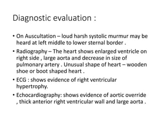 Diagnostic evaluation :
• On Auscultation – loud harsh systolic murmur may be
heard at left middle to lower sternal border .
• Radiography – The heart shows enlarged ventricle on
right side , large aorta and decrease in size of
pulmonary artery . Unusual shape of heart – wooden
shoe or boot shaped heart .
• ECG : shows evidence of right ventricular
hypertrophy.
• Echocardiography: shows evidence of aortic override
, thick anterior right ventricular wall and large aorta .
 
