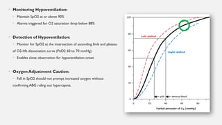 • Monitoring Hypoventilation:
• Maintain SpO2 at or above 90%
• Alarms triggered for O2 saturation drop below 88%
• Detection of Hypoventilation:
• Monitor for SpO2 at the intersection of ascending limb and plateau
of O2-Hb dissociation curve (PaO2 60 to 70 mmHg)
• Enables close observation for hypoventilation onset
• Oxygen Adjustment Caution:
• Fall in SpO2 should not prompt increased oxygen without
confirming ABG ruling out hypercapnia.
 